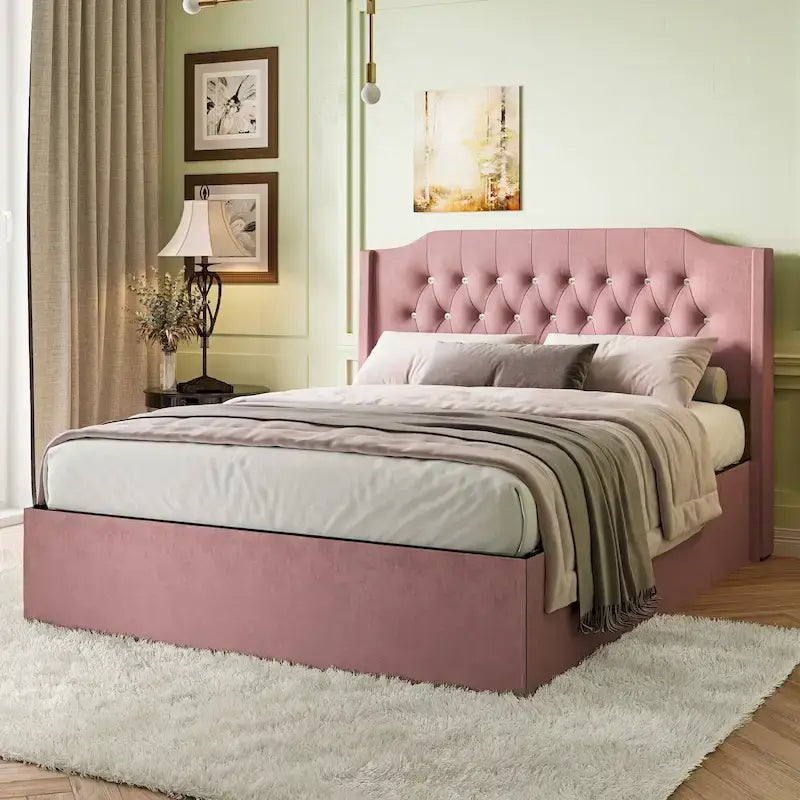 Estrutura de Cama Queen Size Acolchoada com Botões de Cristal, Cabeceira Wingback e Armazenamento por Baixo da Cama, Rosa