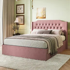 Estrutura de Cama Queen Size Acolchoada com Botões de Cristal, Cabeceira Wingback e Armazenamento por Baixo da Cama, Rosa