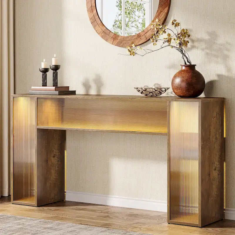 Mesa de Sofá Estilo Rústico de 63 Polegadas com Luzes LED