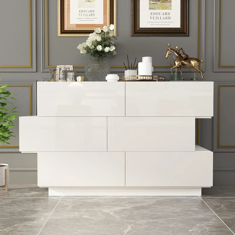 6 Drawers Dresser High Gloss Dresser Chest Off-Set Design Buffet