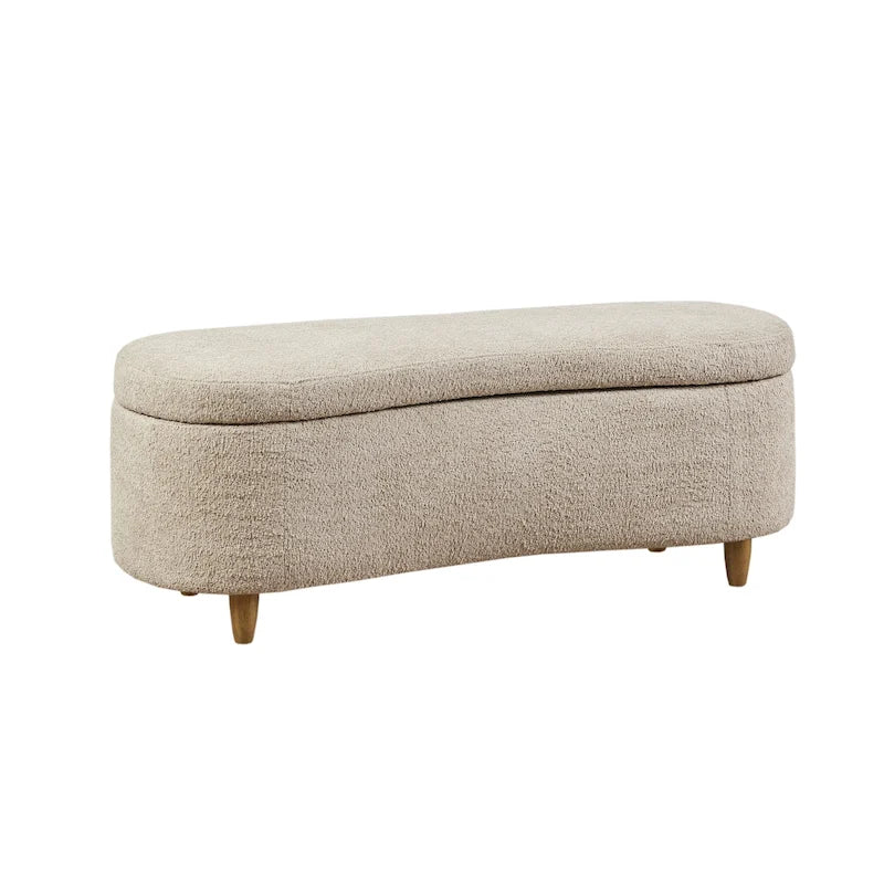 Baú de Arrumação Taupe Bouclé com Tampo Articulado e Pernas de Madeira