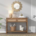Mesa de Consola em Vime com 2 Gavetas e Prateleiras de Armazenamento