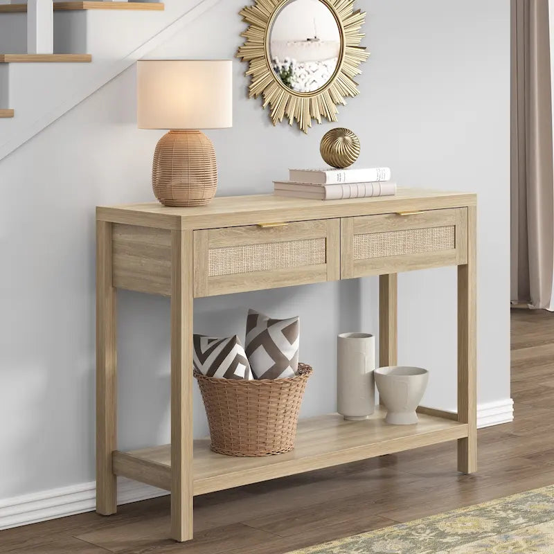 Mesa de Consola em Vime com 2 Gavetas e Prateleiras de Armazenamento