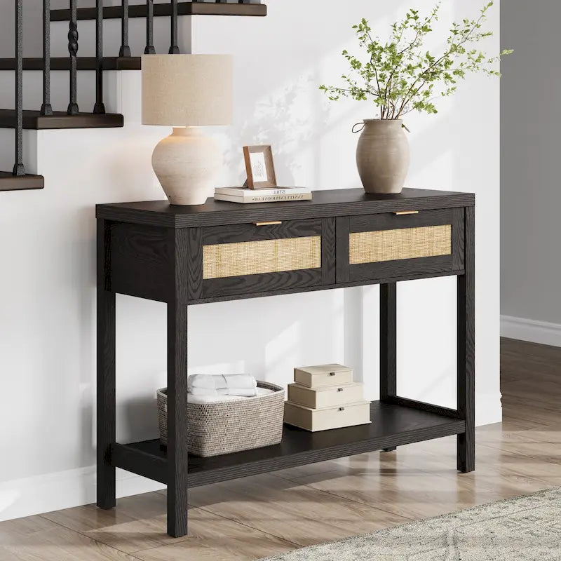 Mesa de Consola em Vime com 2 Gavetas e Prateleiras de Armazenamento