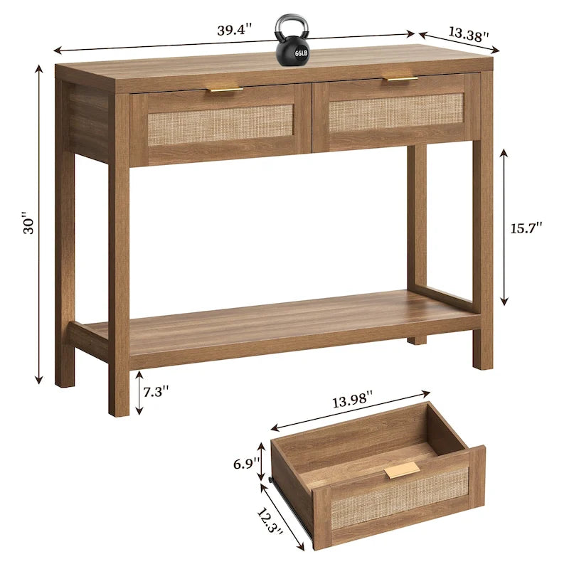 Mesa de Consola em Vime com 2 Gavetas e Prateleiras de Armazenamento