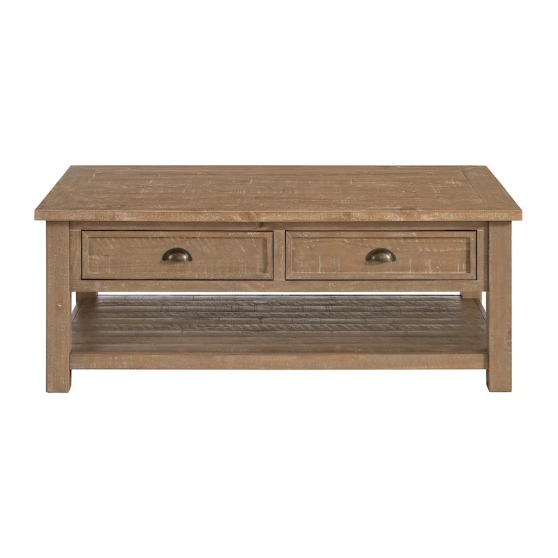 Mesa de Centro de Madeira Maciça com 2 Gavetas Estilo Rústico Costeiro
