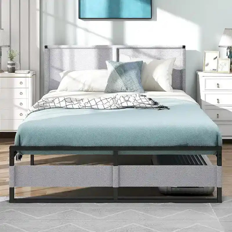 Estrutura de Cama de Plataforma Metálica com Cabeceira, Estrutura de Aço Resistente sem Necessidade de Estrado, Sem Ruído, Moderna