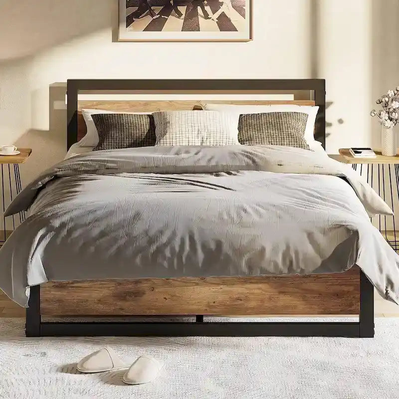 Bed Frame Platform with Headboard, No Box Spring Needed, Load Up to 700Lbs, Rustic Brown