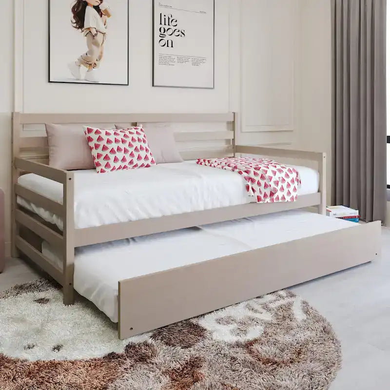 Cama de Dia Rústica em Madeira com Colchão Suplementar Deslizante, Tamanho Twin