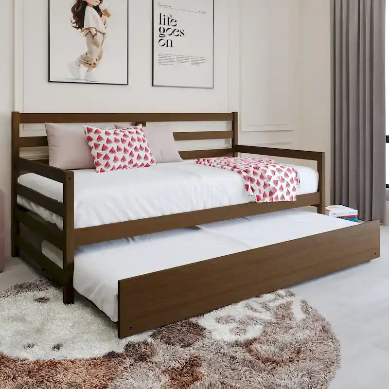 Cama de Dia Rústica em Madeira com Colchão Suplementar Deslizante, Tamanho Twin