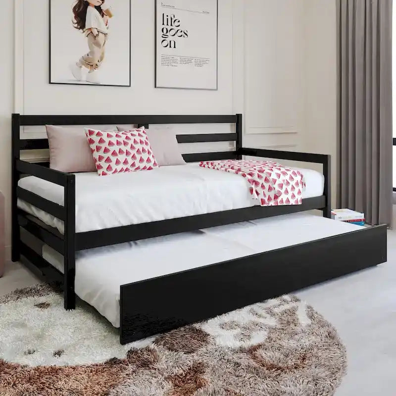 Cama de Dia Rústica em Madeira com Colchão Suplementar Deslizante, Tamanho Twin
