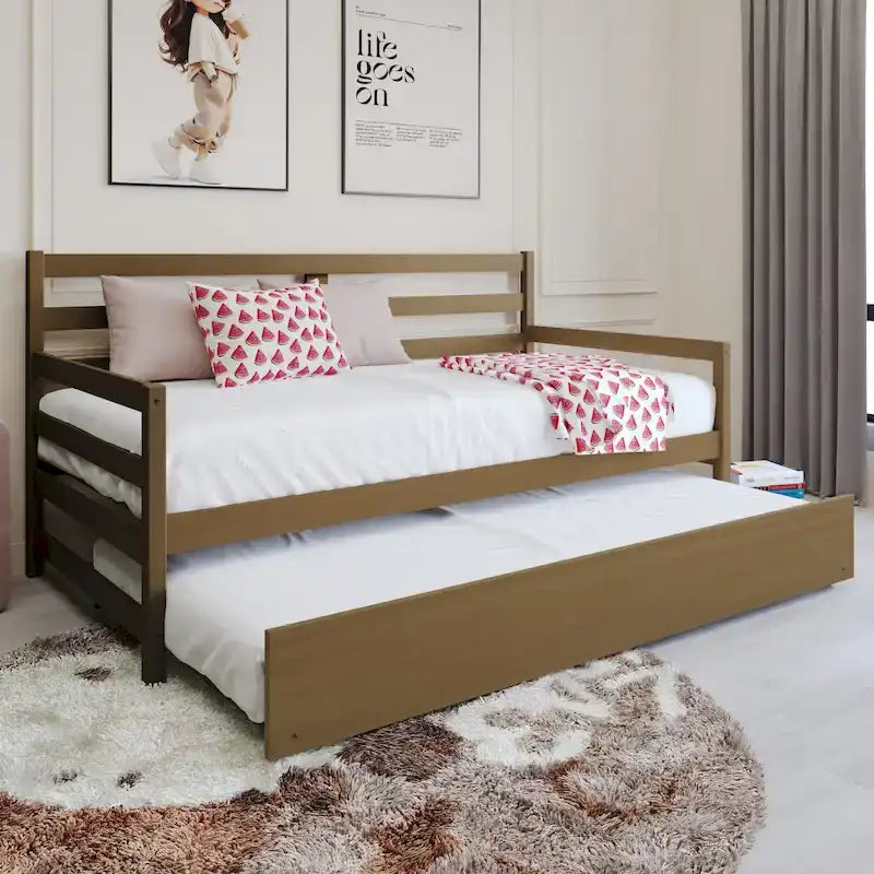 Cama de Dia Rústica em Madeira com Colchão Suplementar Deslizante, Tamanho Twin