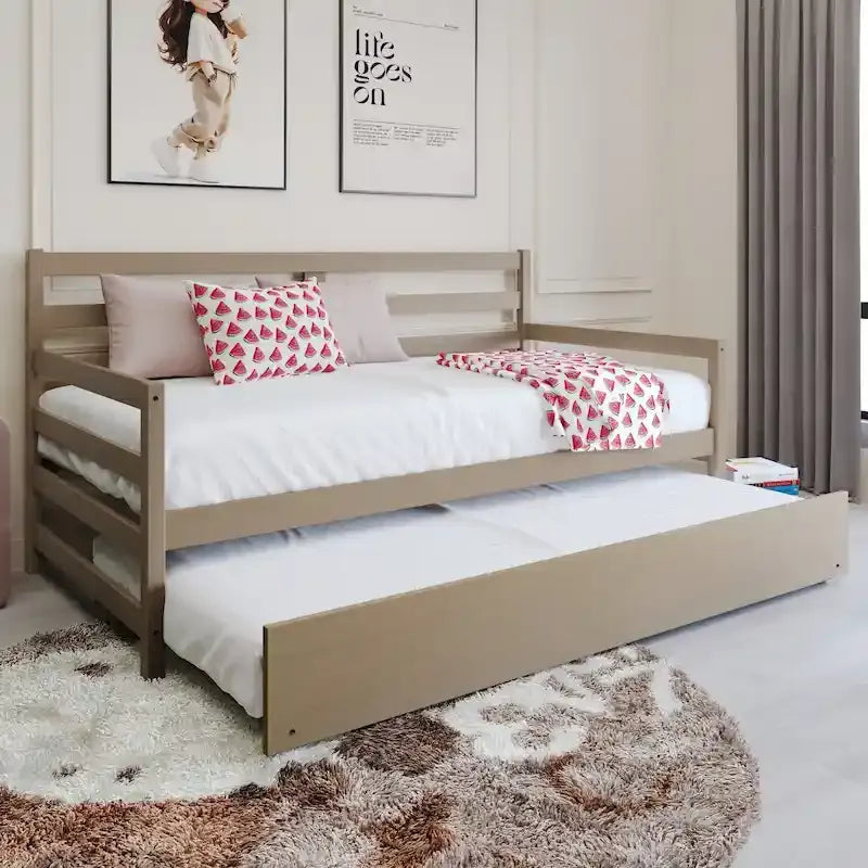 Cama de Dia Rústica em Madeira com Colchão Suplementar Deslizante, Tamanho Twin