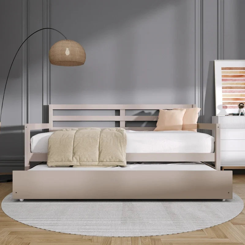 Cama de Dia Rústica em Madeira com Colchão Suplementar Deslizante, Tamanho Twin