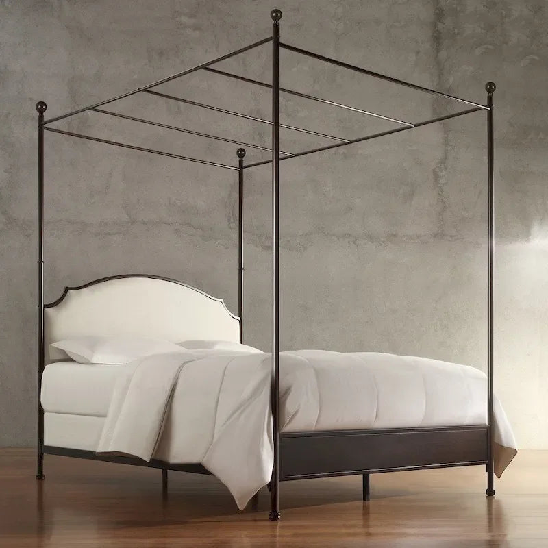 Cama de Dossel de Linho Creme com Estrutura em Cerejeira Castanha