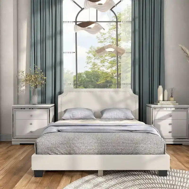 Cama de Plataforma Queen Ajustável de Boucle Branca Moderna