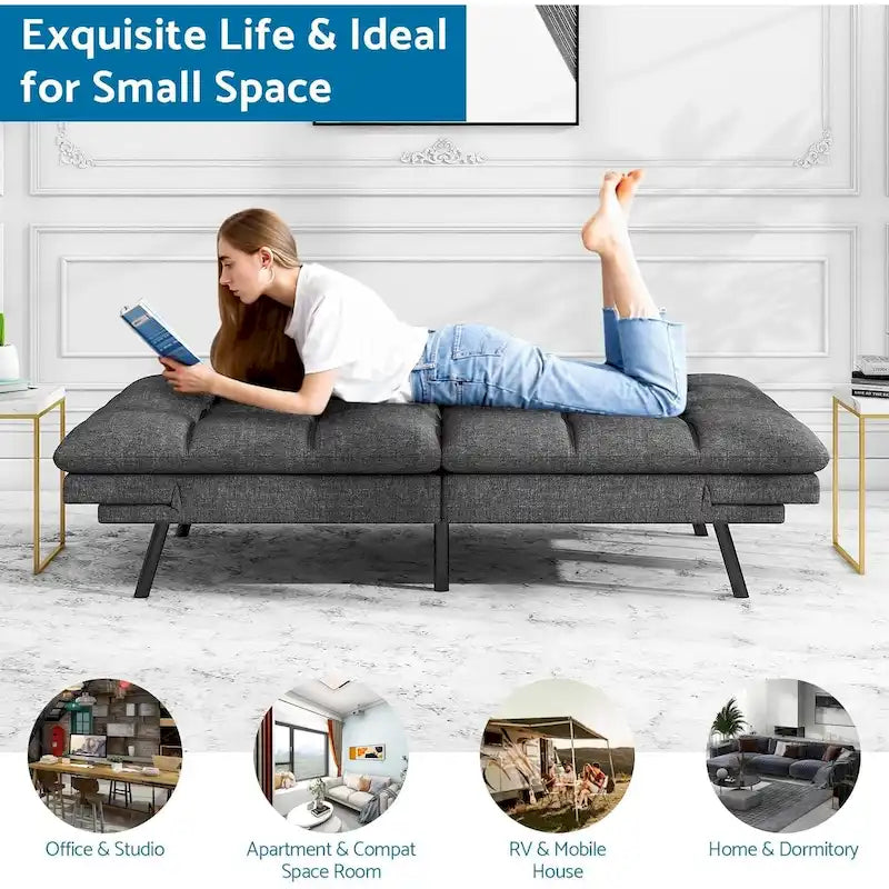 Sofá-Cama Futon, Sofá de Espuma de Memória Dobrável, Cama de Solteiro Conversível com Apoios de Braço Ajustáveis para Espaços Pequenos