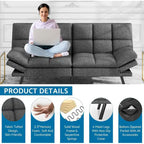 Sofá-Cama Futon, Sofá de Espuma de Memória Dobrável, Cama de Solteiro Conversível com Apoios de Braço Ajustáveis para Espaços Pequenos