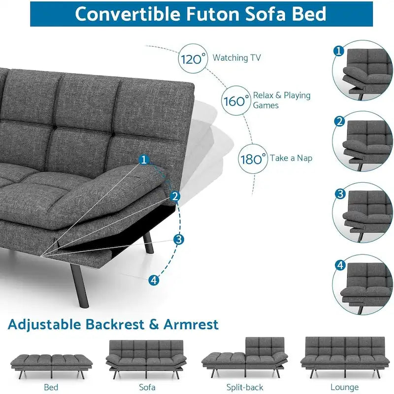 Sofá-Cama Futon, Sofá de Espuma de Memória Dobrável, Cama de Solteiro Conversível com Apoios de Braço Ajustáveis para Espaços Pequenos
