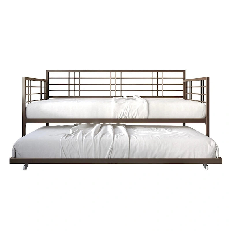 Cama de dia de metal contemporânea com tamanho de solteiro e cama auxiliar