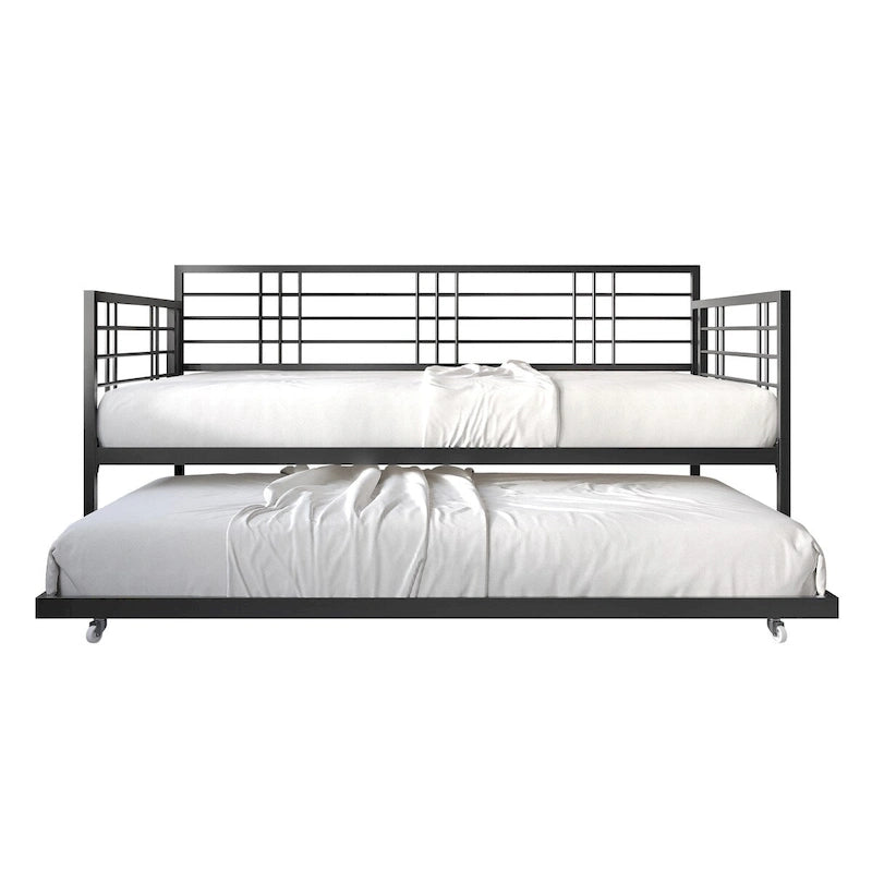 Cama de dia de metal contemporânea com tamanho de solteiro e cama auxiliar