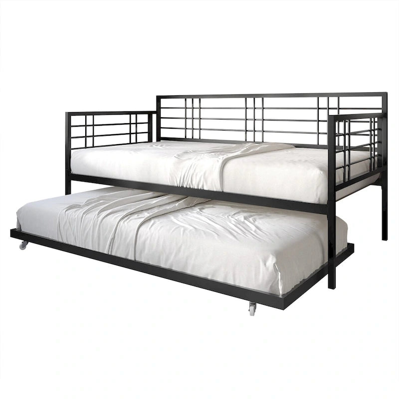 Cama de dia de metal contemporânea com tamanho de solteiro e cama auxiliar