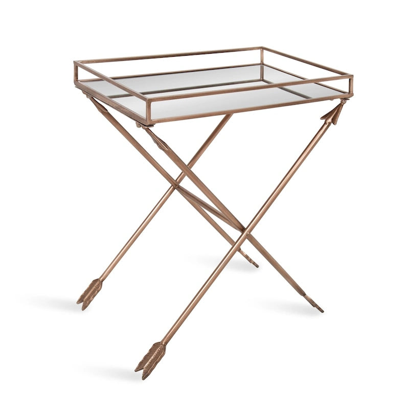 Mesa de Apoio Arrow com Detalhes Metálicos, Tampo de Vidro e Pernas em X