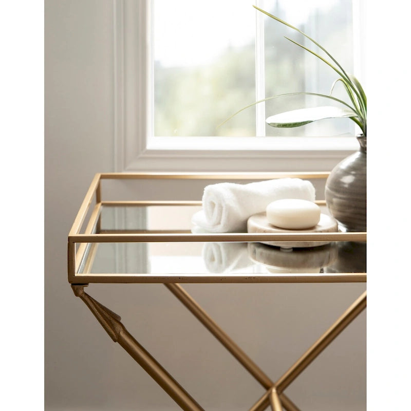Mesa de Apoio Arrow com Detalhes Metálicos, Tampo de Vidro e Pernas em X