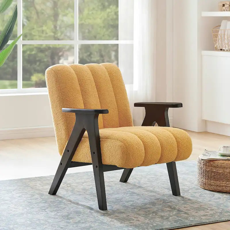 Poltrona Accent Moderna em Tecido Sherpa Teddy com Estrutura em Madeira Espresso