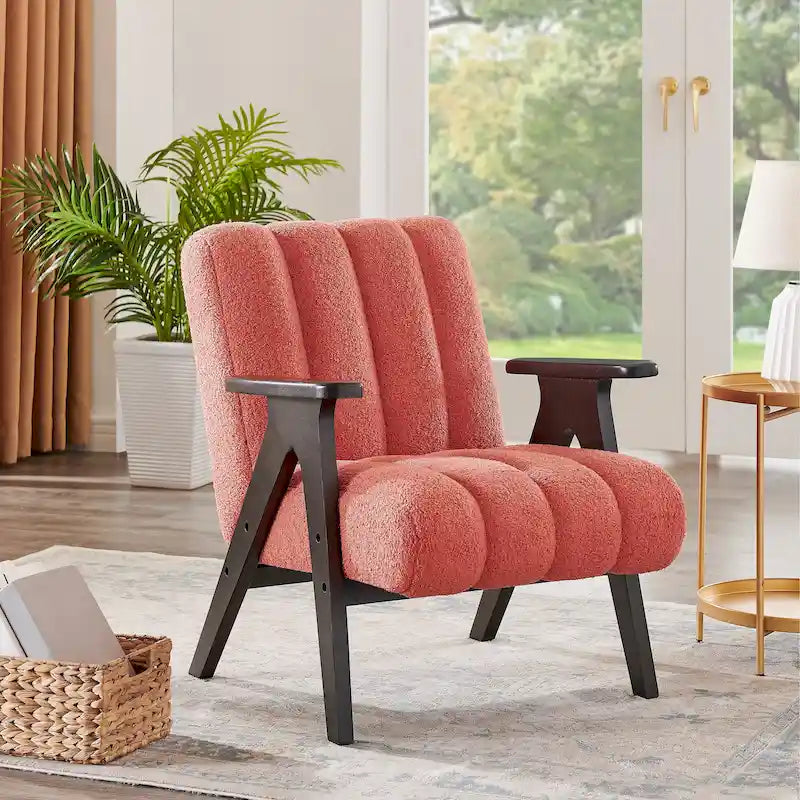 Poltrona Accent Moderna em Tecido Sherpa Teddy com Estrutura em Madeira Espresso